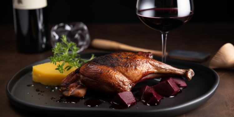 Peito de Pato com Molho de Vinho Tinto e Purê de Batata Trufado